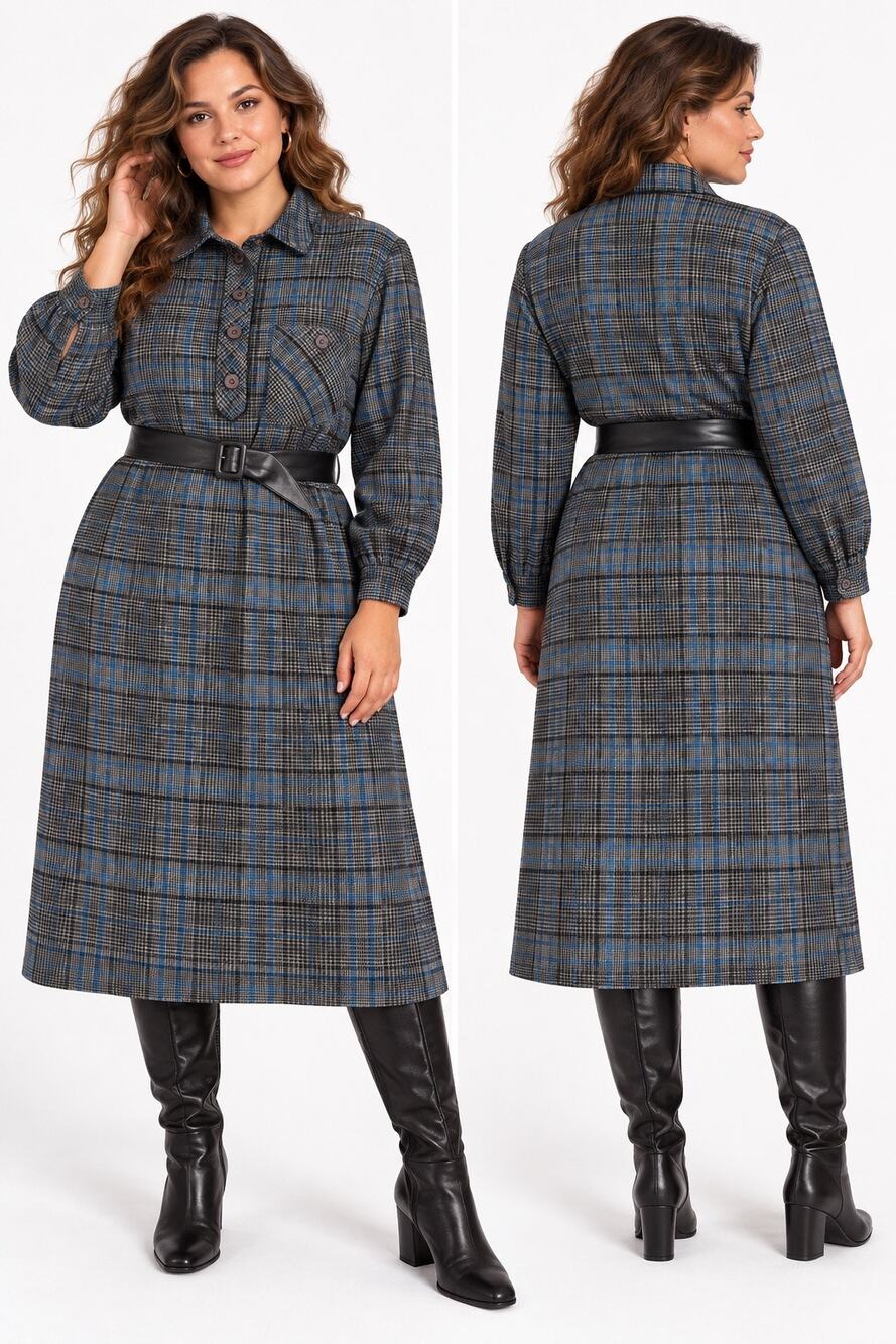 Vintage ‘80s Millicent California Plaid Wool Blend Belted Long Sleeve Midi Dress